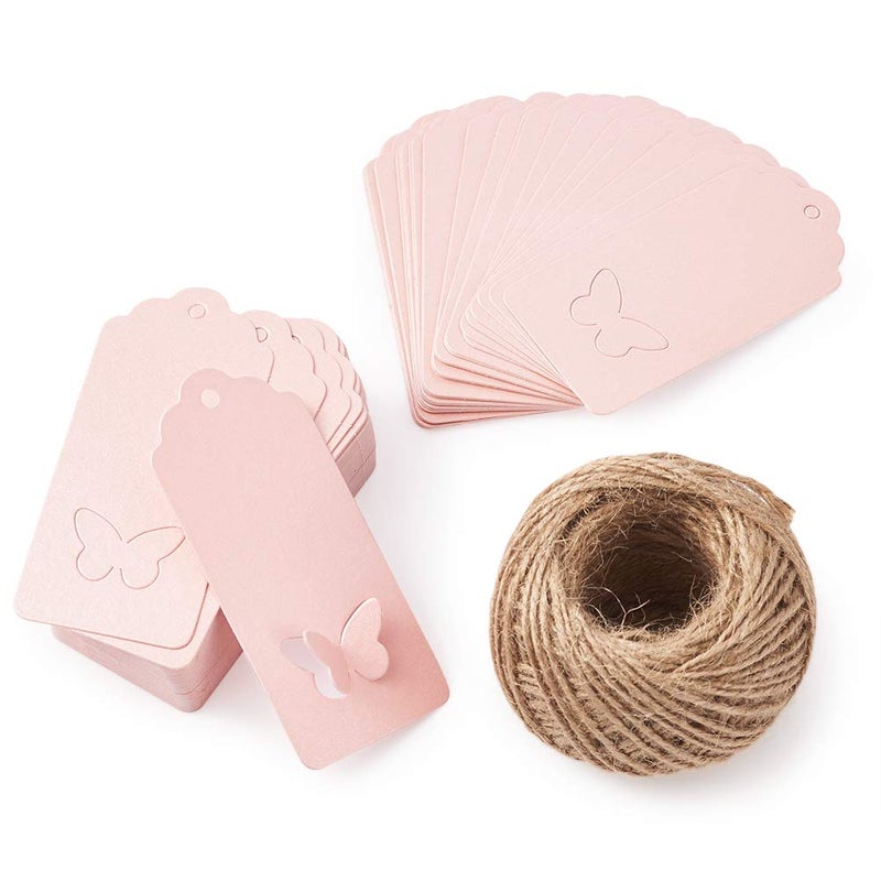 Mega Pet MegaPet 100pcs Pink Paper Gift Tags Printable Blank Hang Labels with 131 Feet Hanging String for Wedding Holiday Party Favors 3.54"x1.59" (9x4.05cm) - Image 1